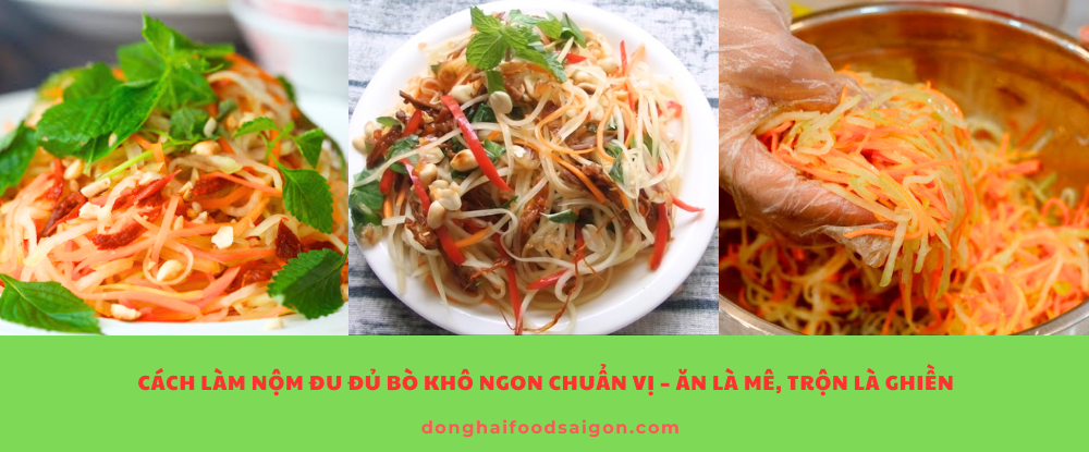 Nhắc đến những món ăn vặt quốc dân, nộm đu đủ bò khô luôn nằm trong top đầu bởi hương vị độc đáo và màu sắc bắt mắt. Vị giòn của đu đủ xanh, cay nồng từ bò khô, đậm đà của nước trộn chua ngọt và thơm bùi từ đậu phộng rang... tất cả hòa quyện tạo nên một món ăn khiến bạn ăn một lần là nhớ mãi.