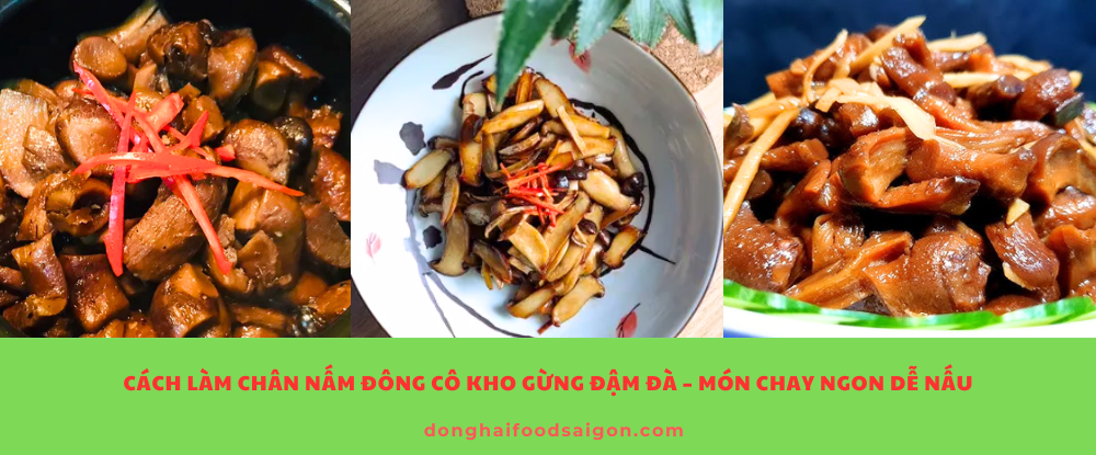 Chân nấm đông cô kho gừng là món chay thanh đạm nhưng vẫn đủ vị mặn ngọt, thơm cay nhẹ. Vị giòn sần sật của chân nấm hòa cùng mùi thơm đặc trưng của gừng tạo nên một món ăn đưa cơm, đặc biệt thích hợp cho những ngày bạn muốn đổi vị hoặc ăn chay thanh lọc cơ thể.